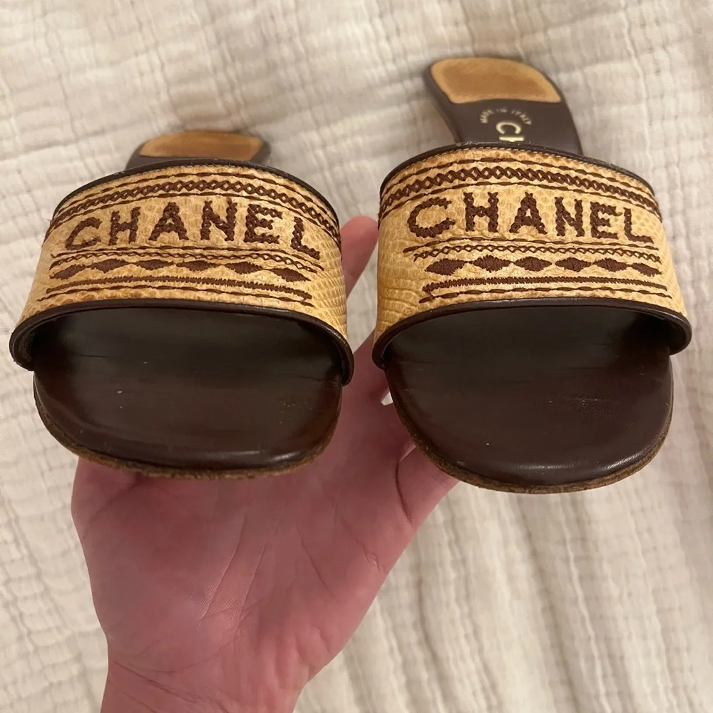 Vintage Chanel Raffia Woven Kitten Heel Mule Sandal Size 37 - Picture 4 of 10